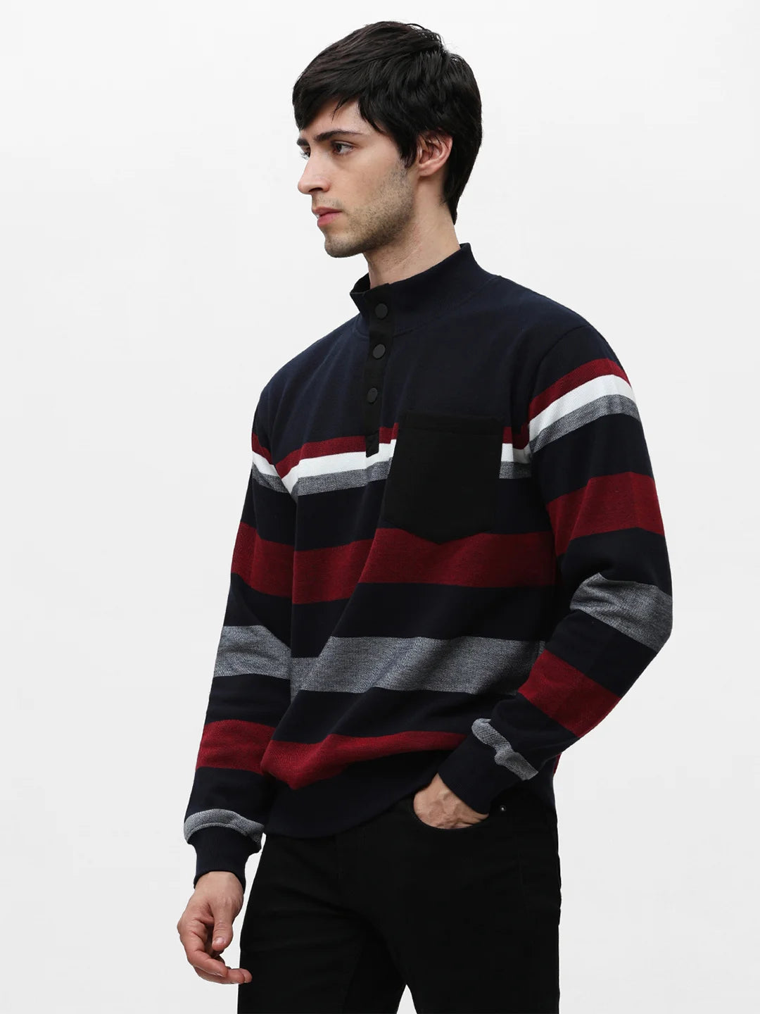 Navy High Neck Striped Sweatshirt