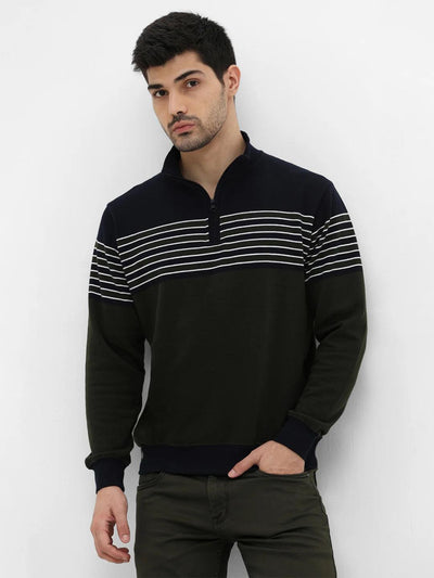 Olive High Neck Striped Sweatshirt