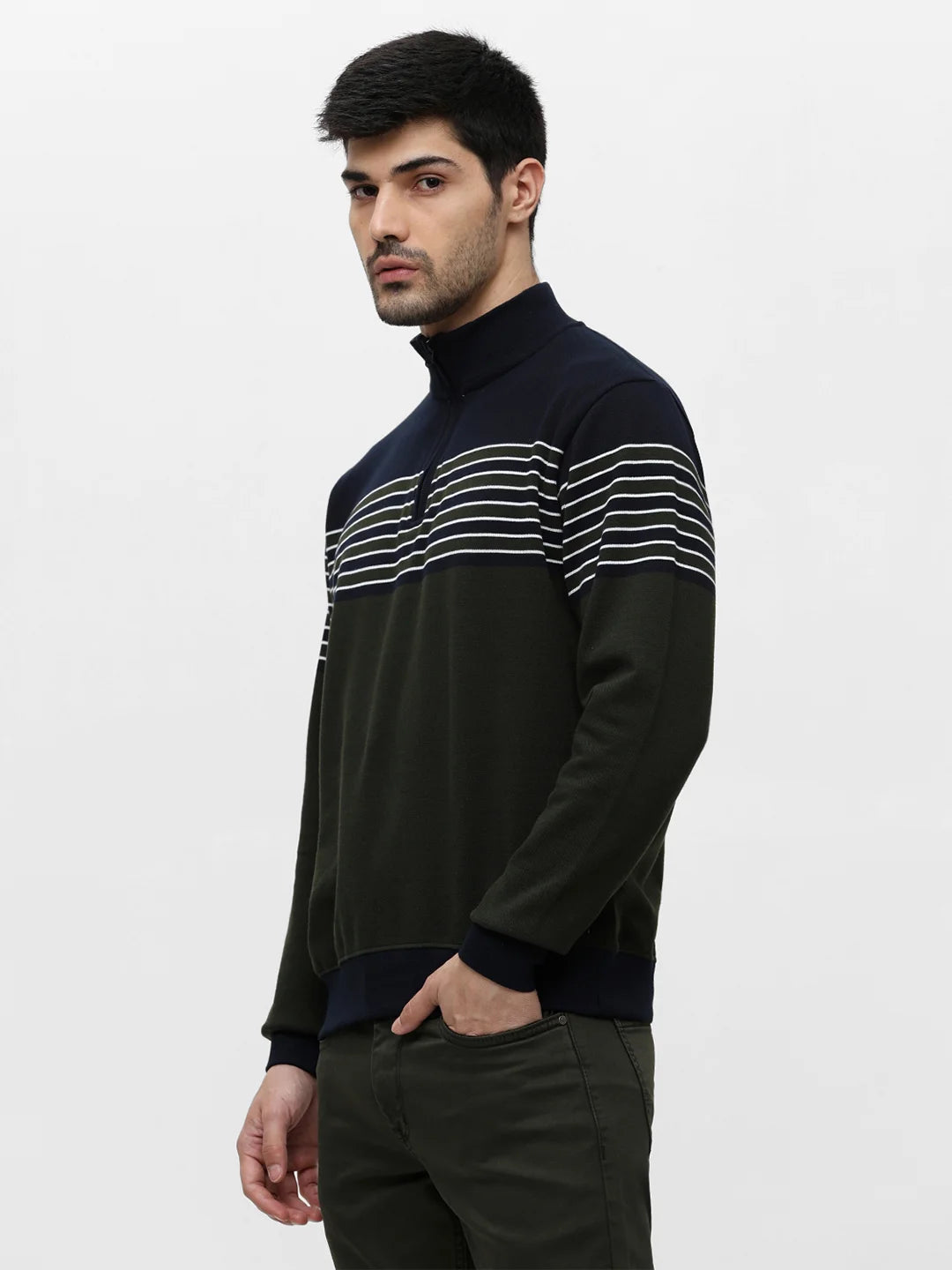 Olive High Neck Striped Sweatshirt