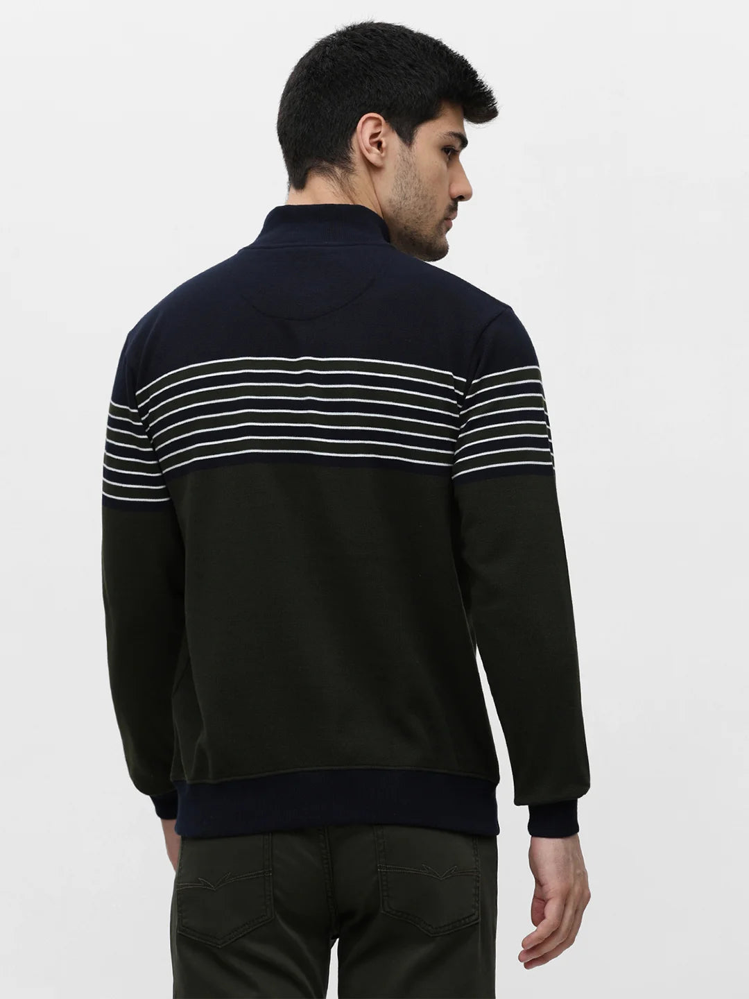 Olive High Neck Striped Sweatshirt