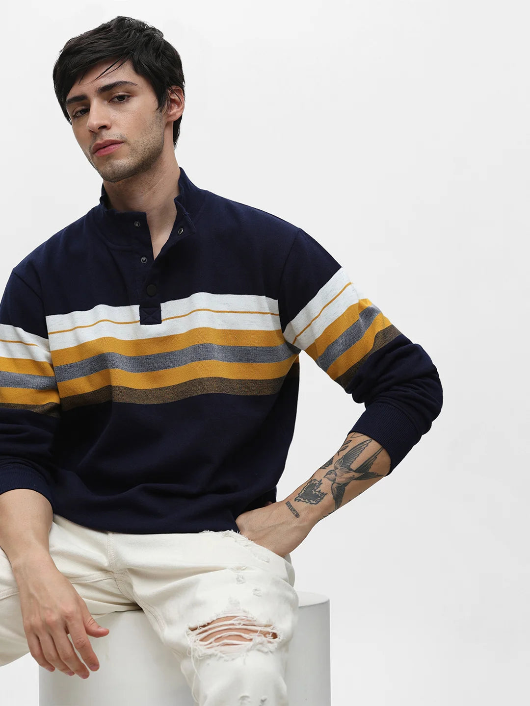 Blue Melange High Neck Striped Sweatshirt