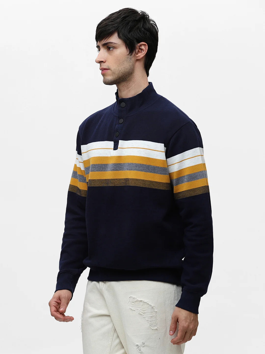 Blue Melange High Neck Striped Sweatshirt