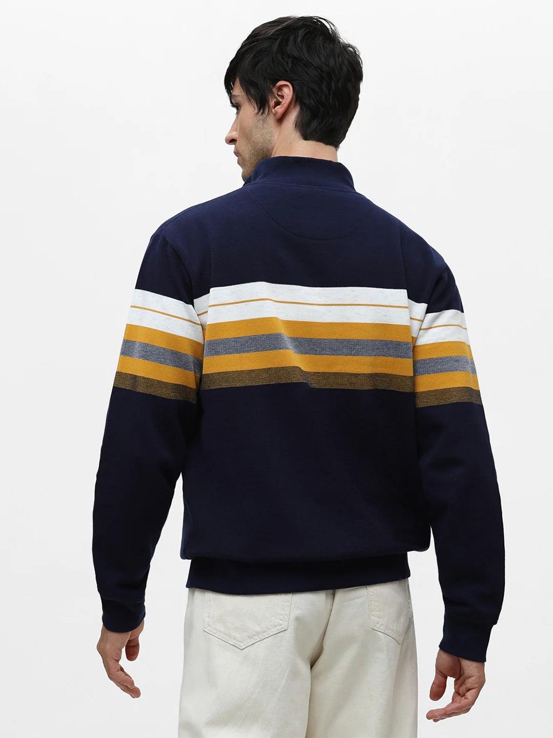Blue Melange High Neck Striped Sweatshirt