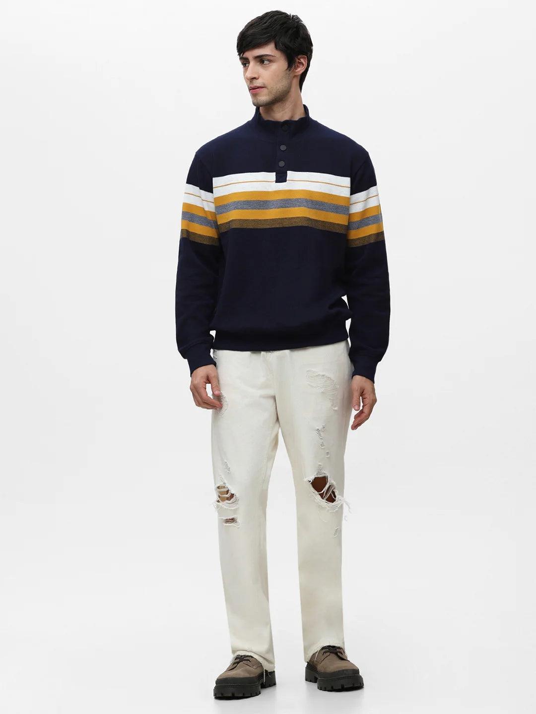 Blue Melange High Neck Striped Sweatshirt