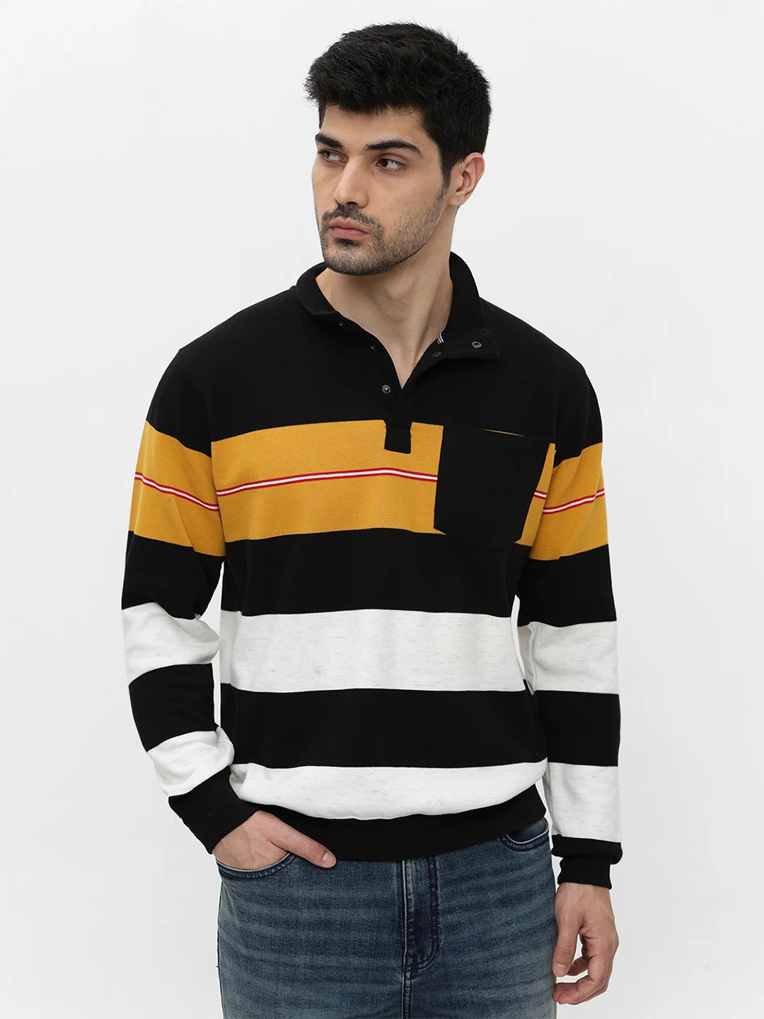 Mustard High Neck Striped Sweatshirt