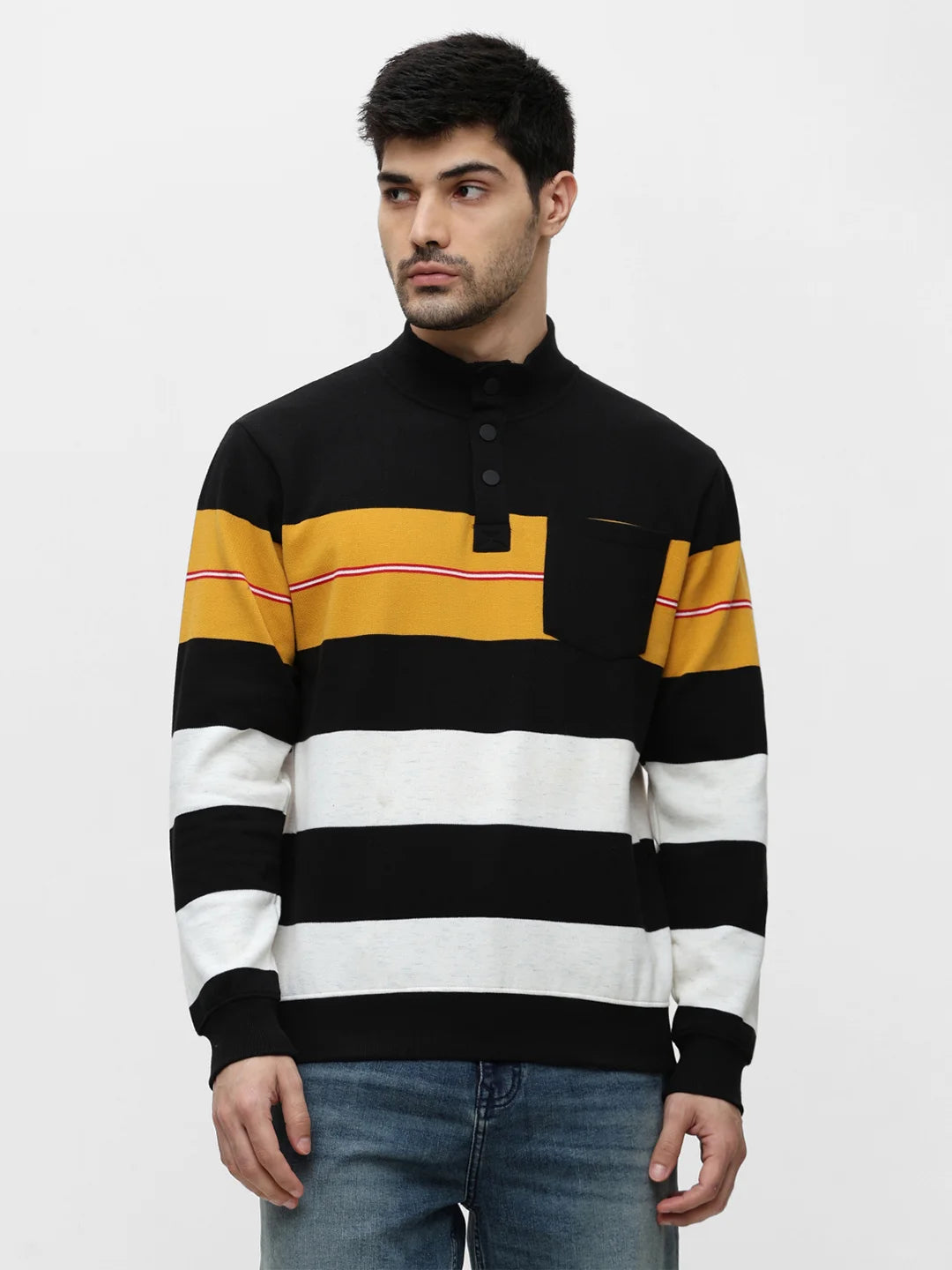 Mustard High Neck Striped Sweatshirt