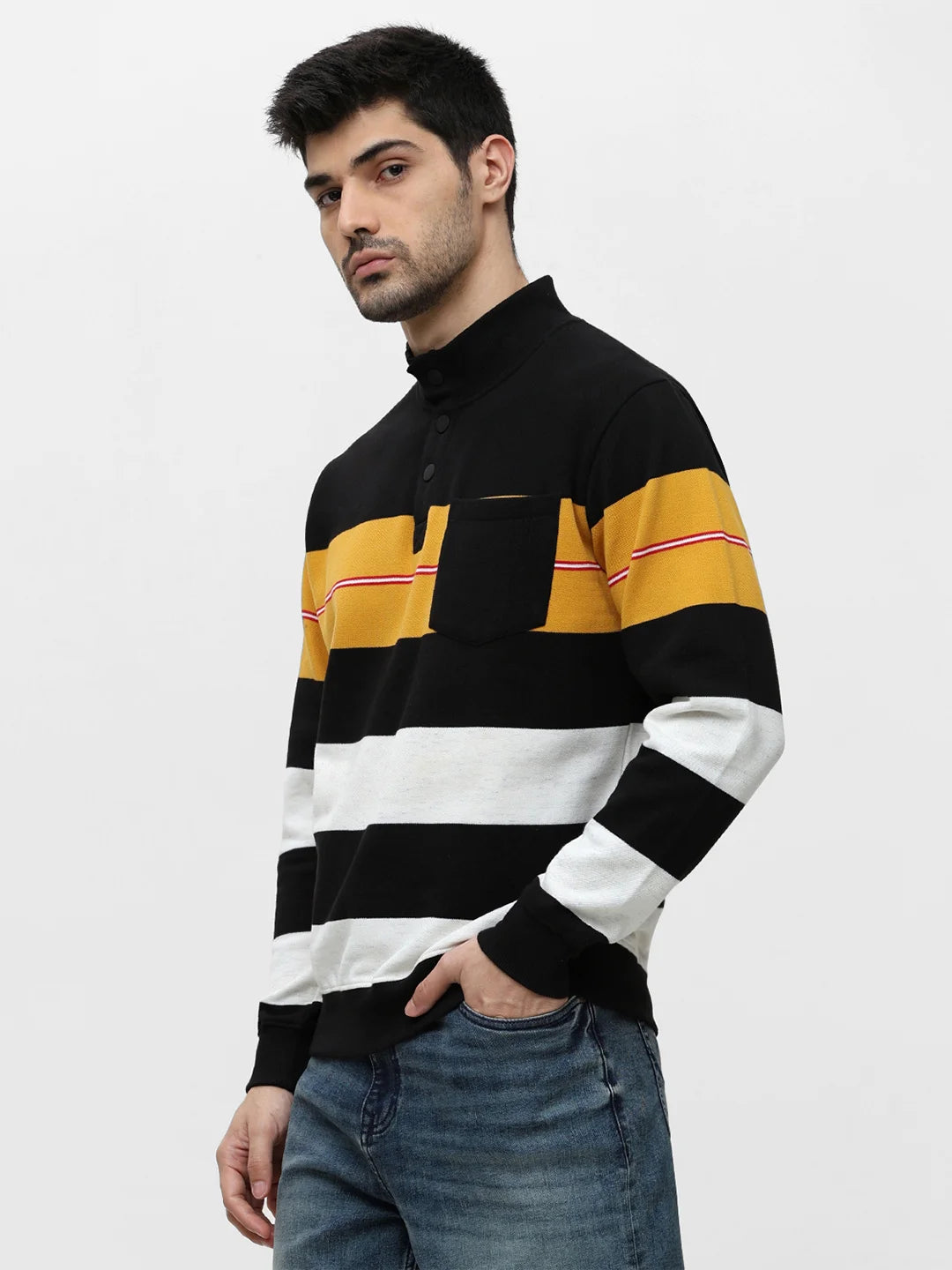 Mustard High Neck Striped Sweatshirt