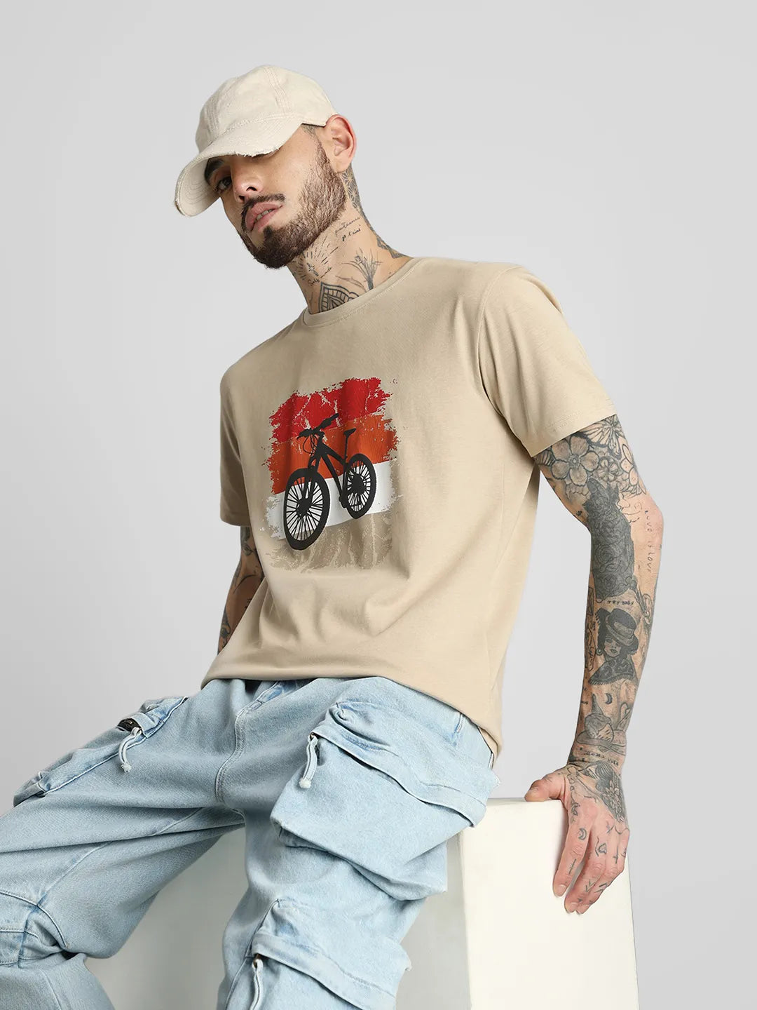 Beige Printed Round Neck T-Shirt