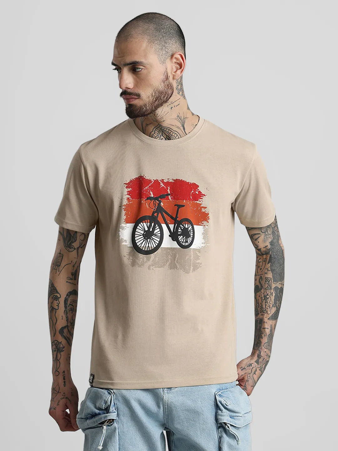Beige Printed Round Neck T-Shirt