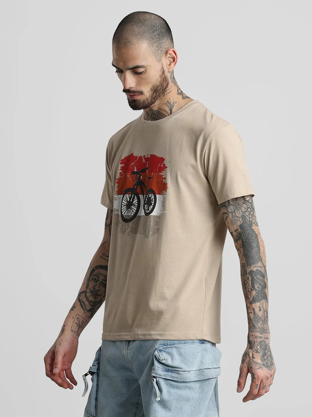 Beige Printed Round Neck T-Shirt