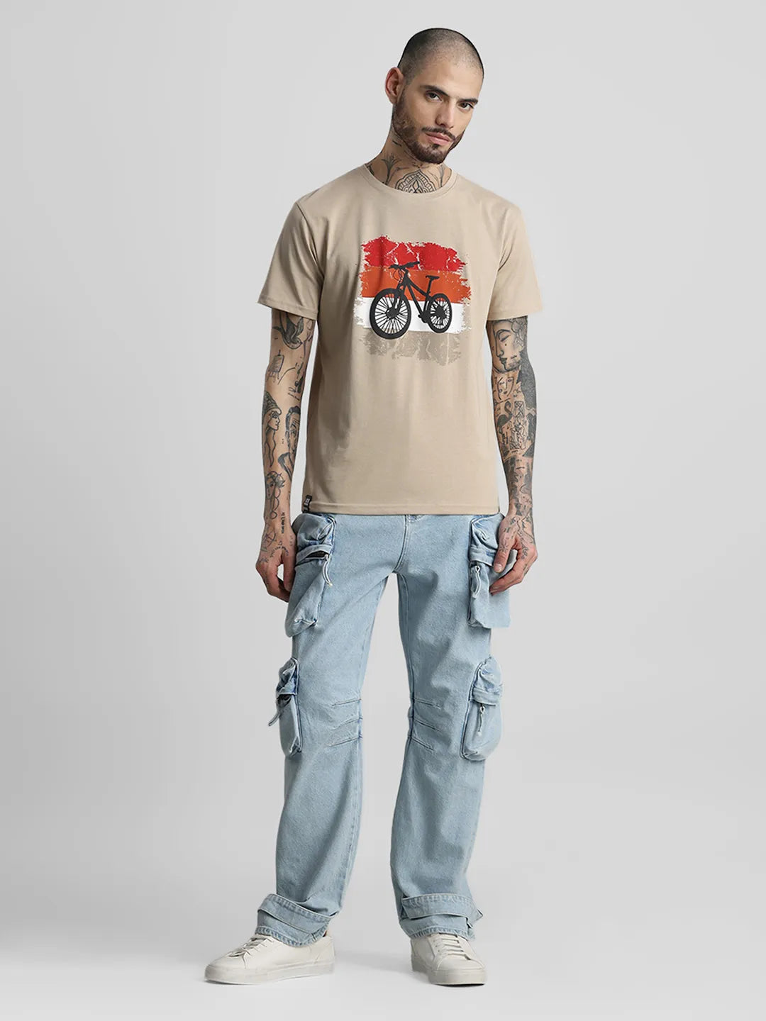 Beige Printed Round Neck T-Shirt