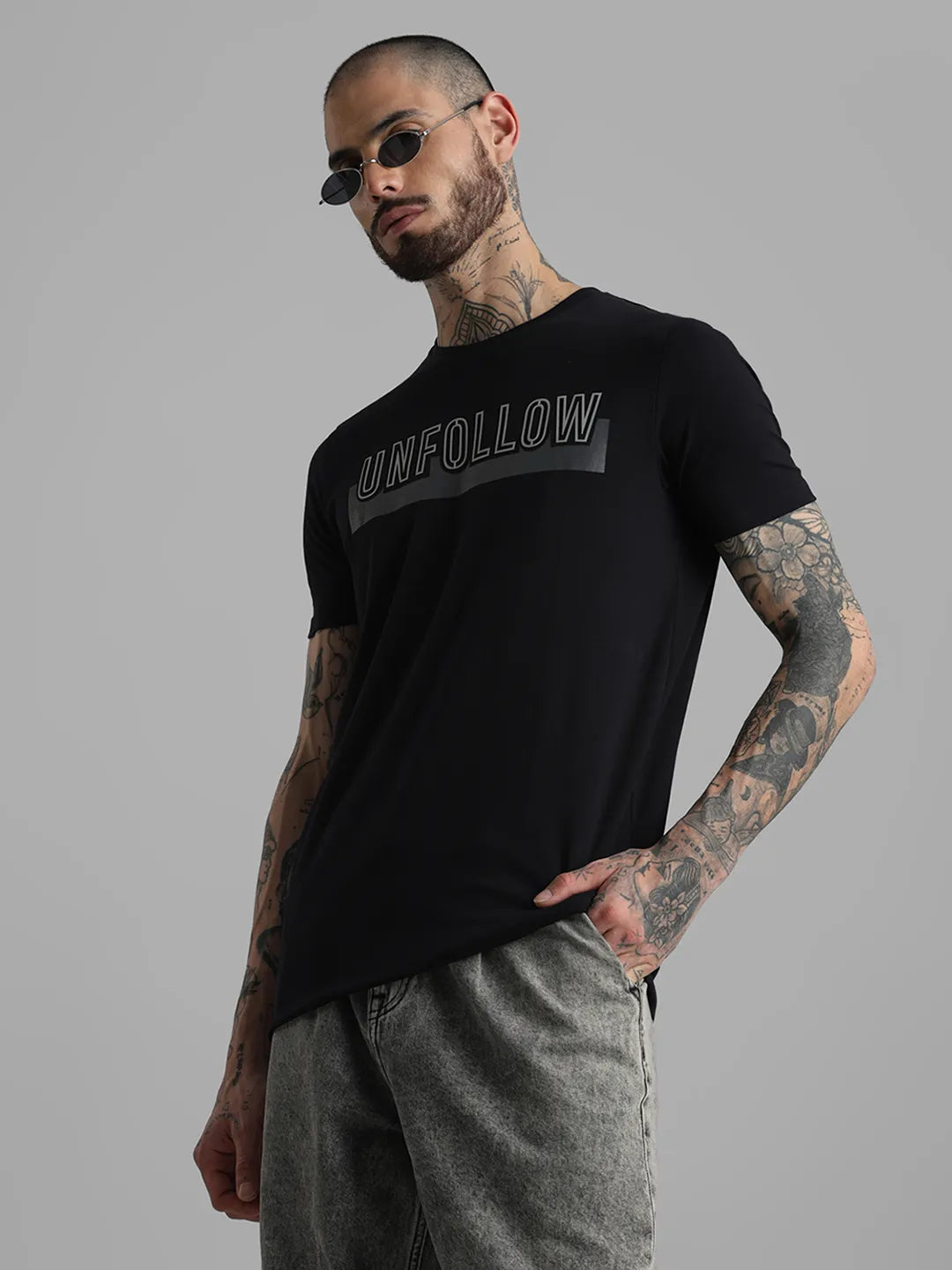 Black Printed Round Neck T-Shirt