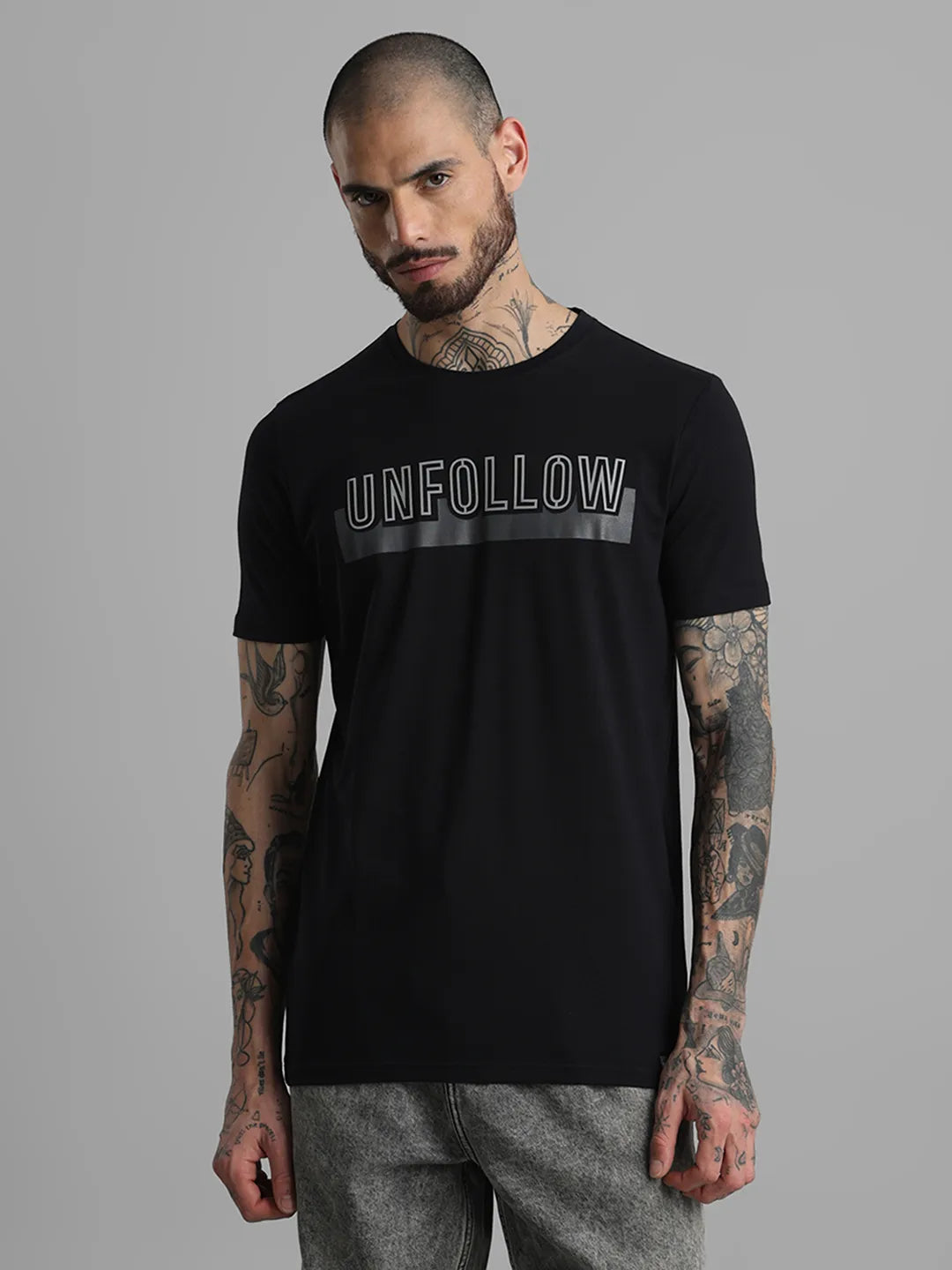 Black Printed Round Neck T-Shirt