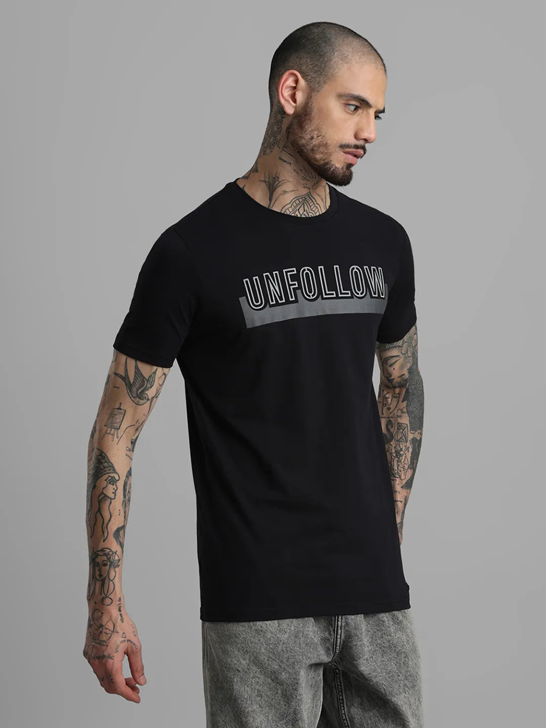 Black Printed Round Neck T-Shirt