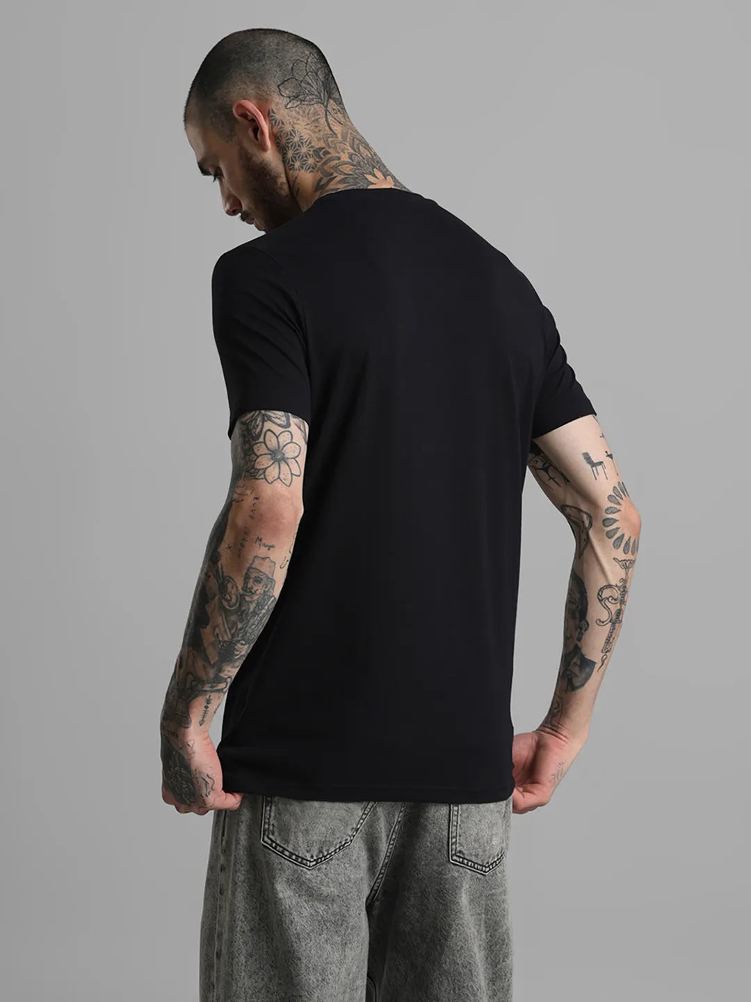 Black Printed Round Neck T-Shirt