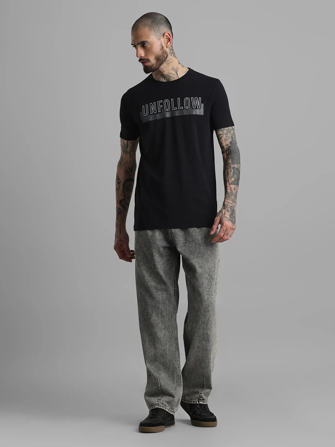 Black Printed Round Neck T-Shirt