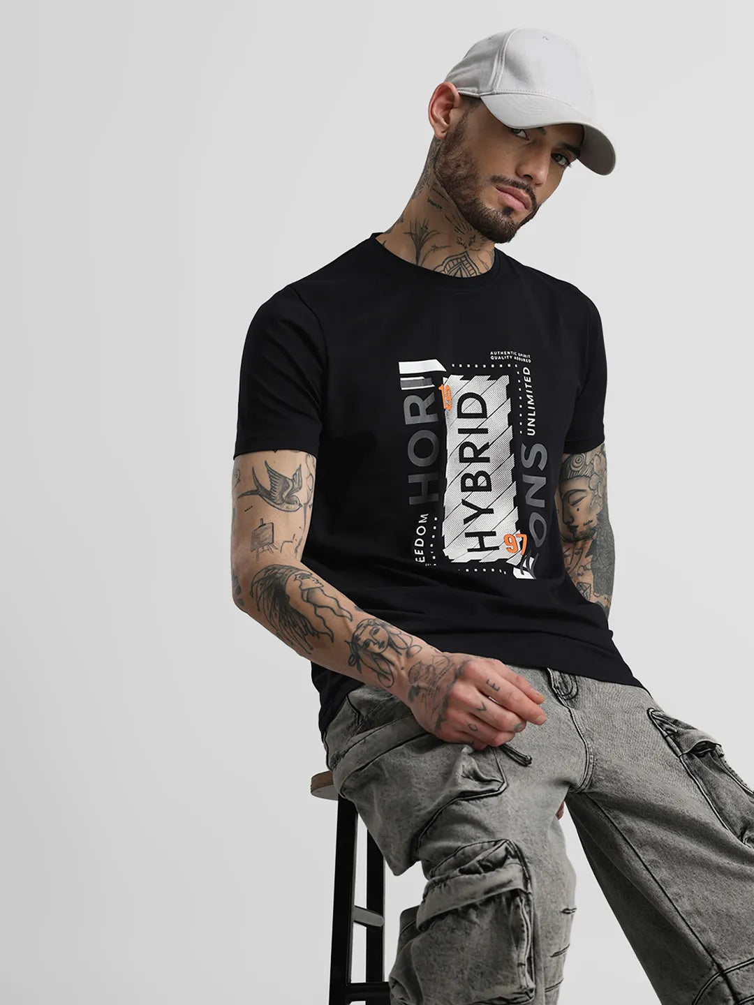 Black Printed Round Neck T-Shirt