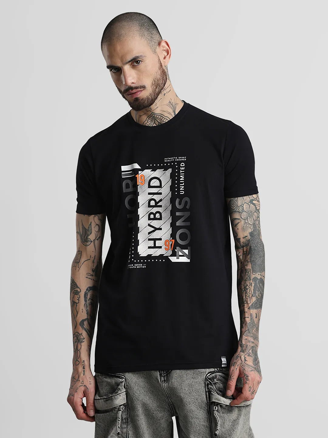 Black Printed Round Neck T-Shirt
