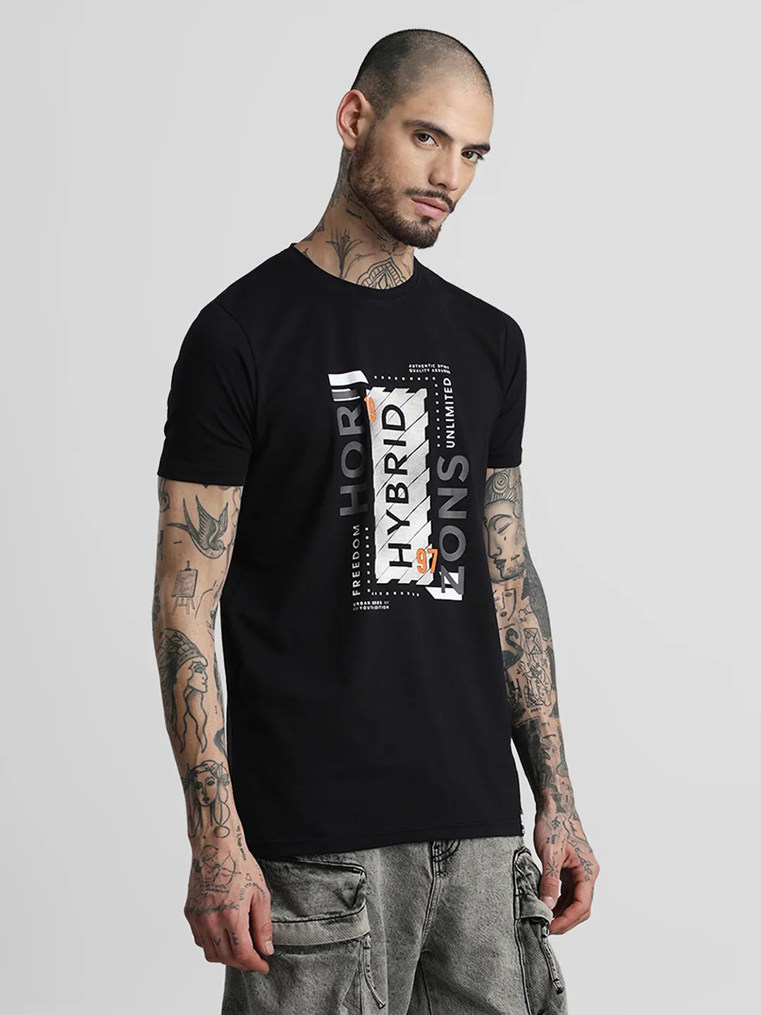 Black Printed Round Neck T-Shirt