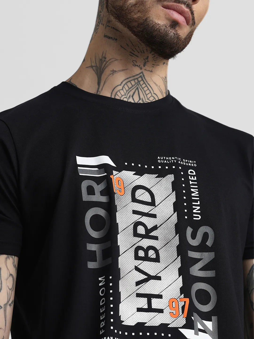 Black Printed Round Neck T-Shirt