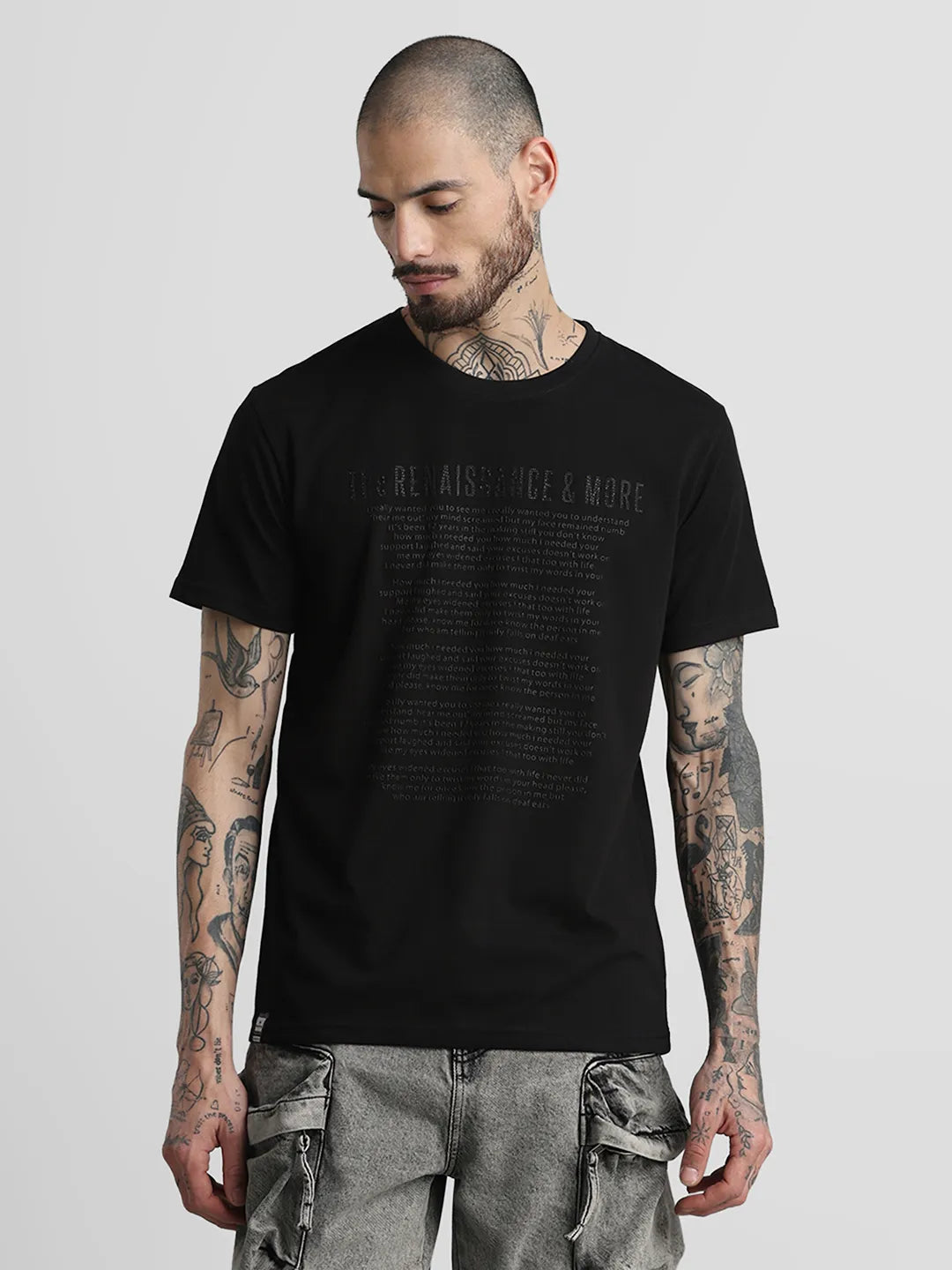Black Printed Round Neck T-Shirt
