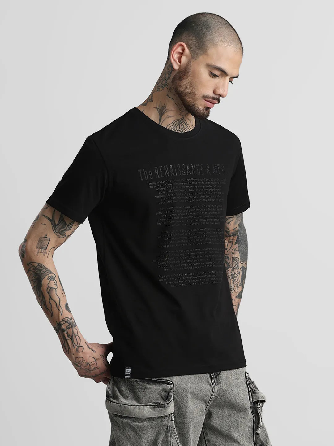 Black Printed Round Neck T-Shirt