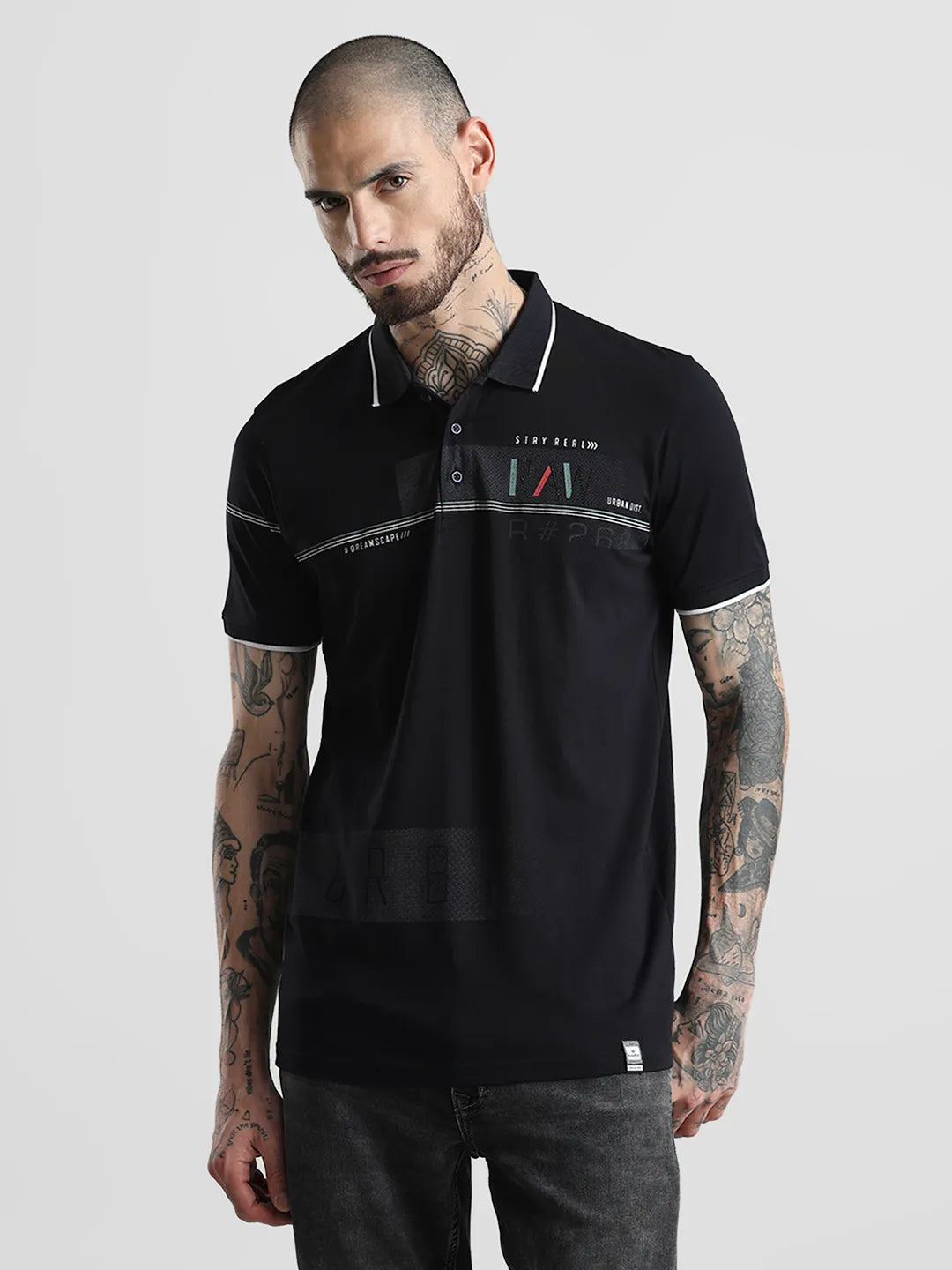 Black Printed Polo T-Shirt