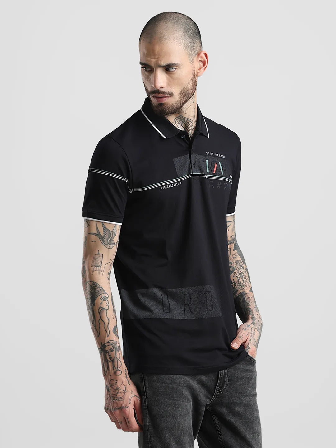 Black Printed Polo T-Shirt