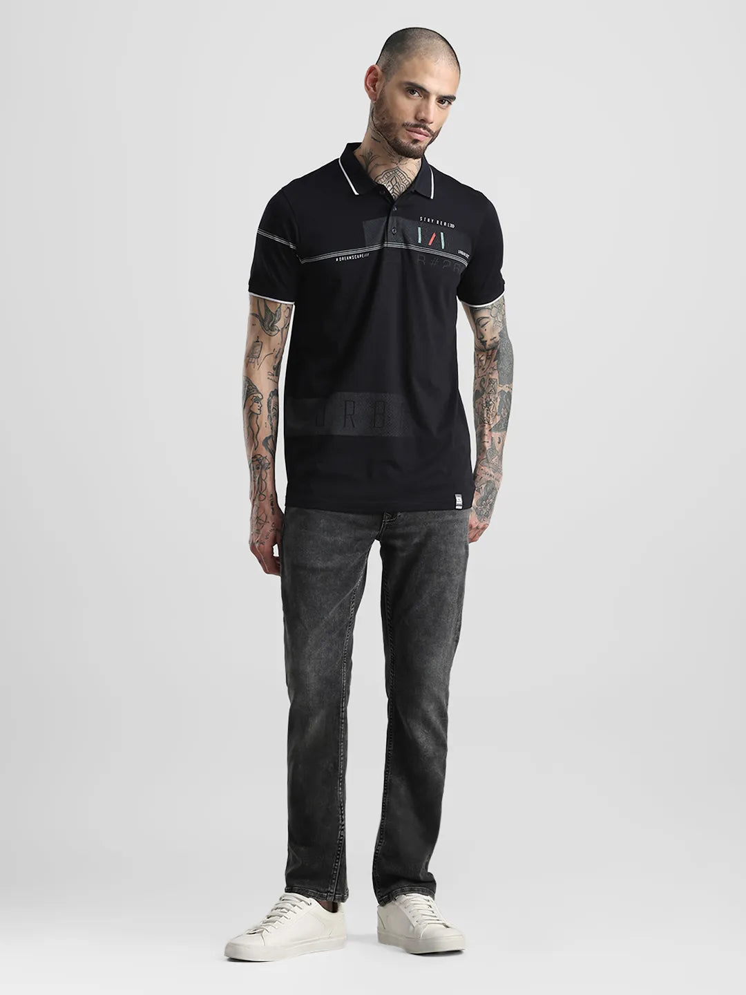 Black Printed Polo T-Shirt