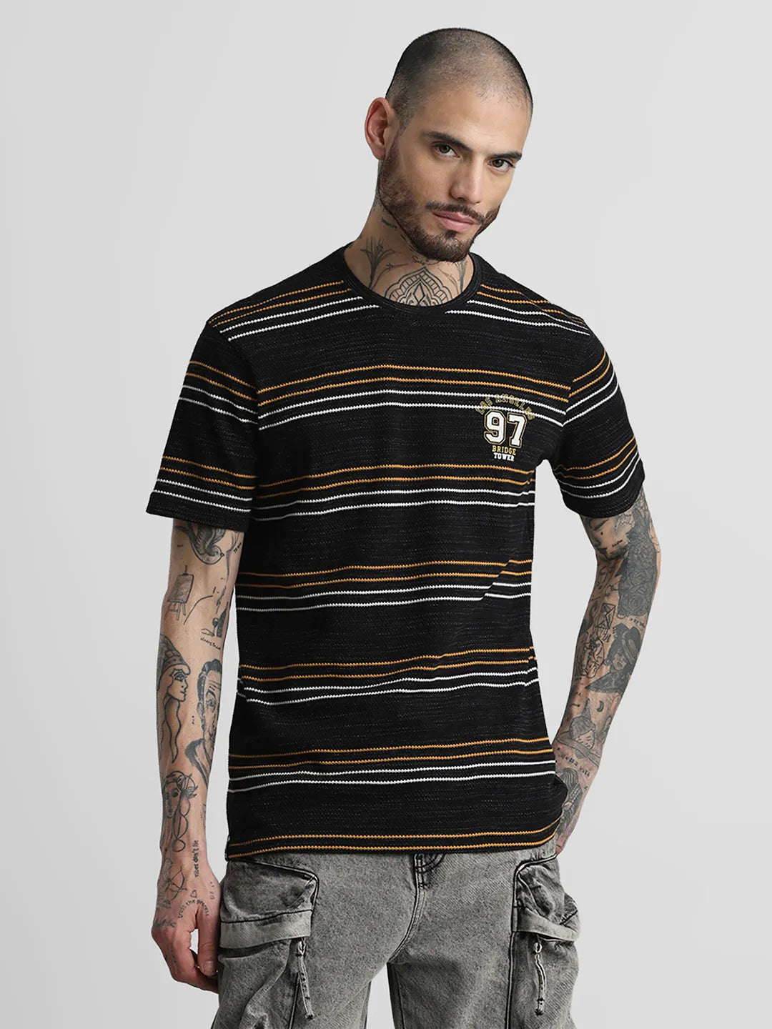 Black Striped Round Neck T-Shirt