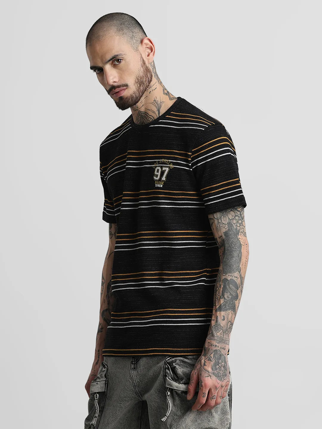 Black Striped Round Neck T-Shirt