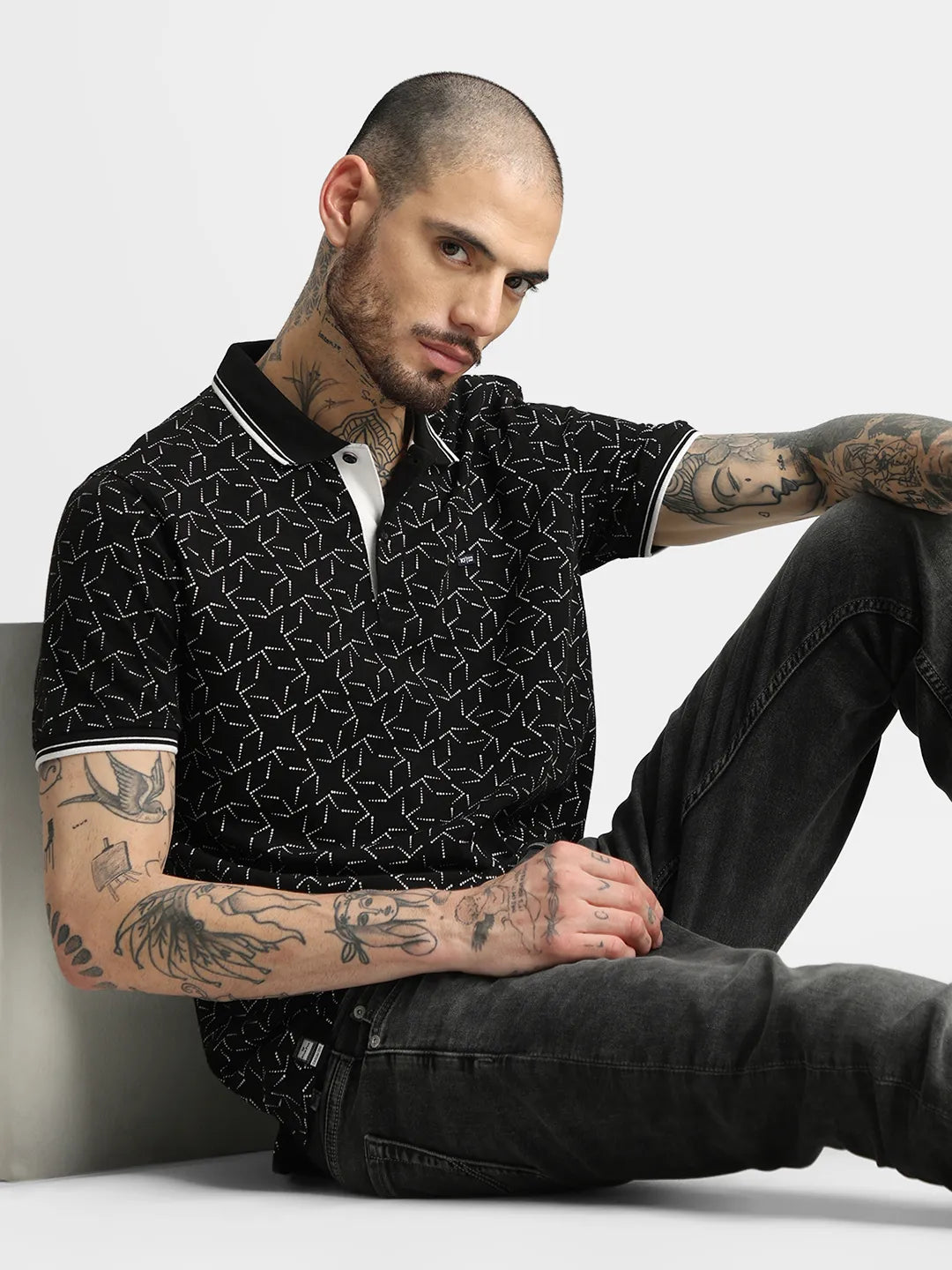 Black Printed Polo T-Shirt