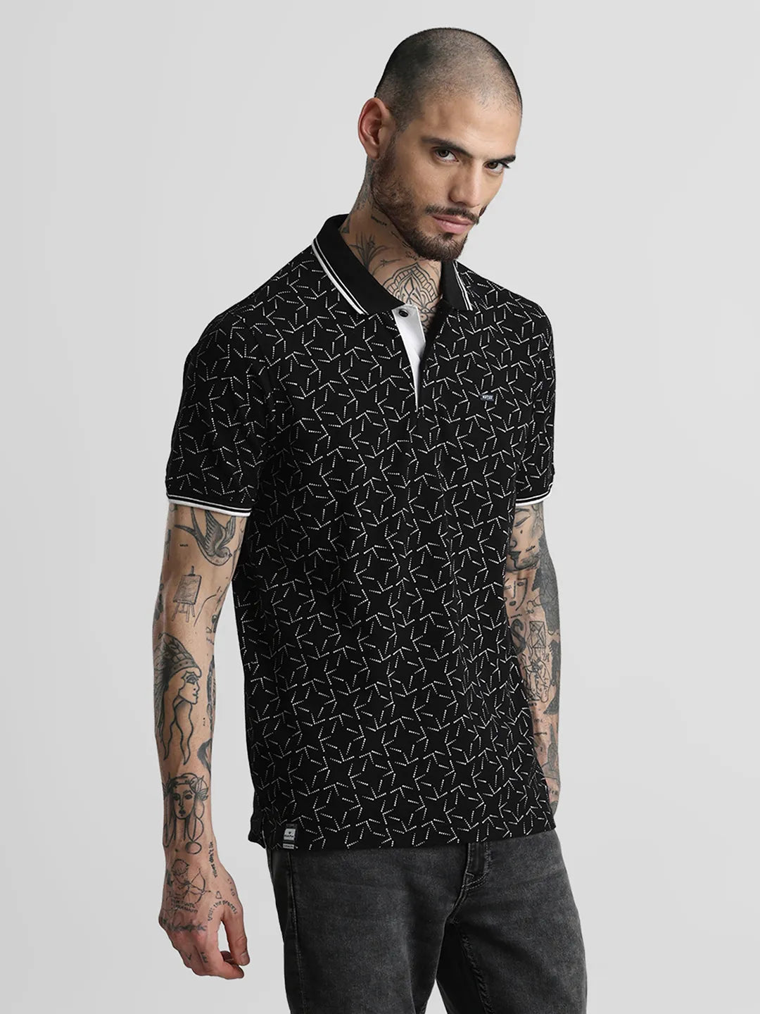 Black Printed Polo T-Shirt