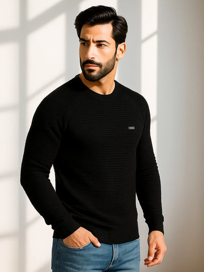 Black Cotton Solid Sweater