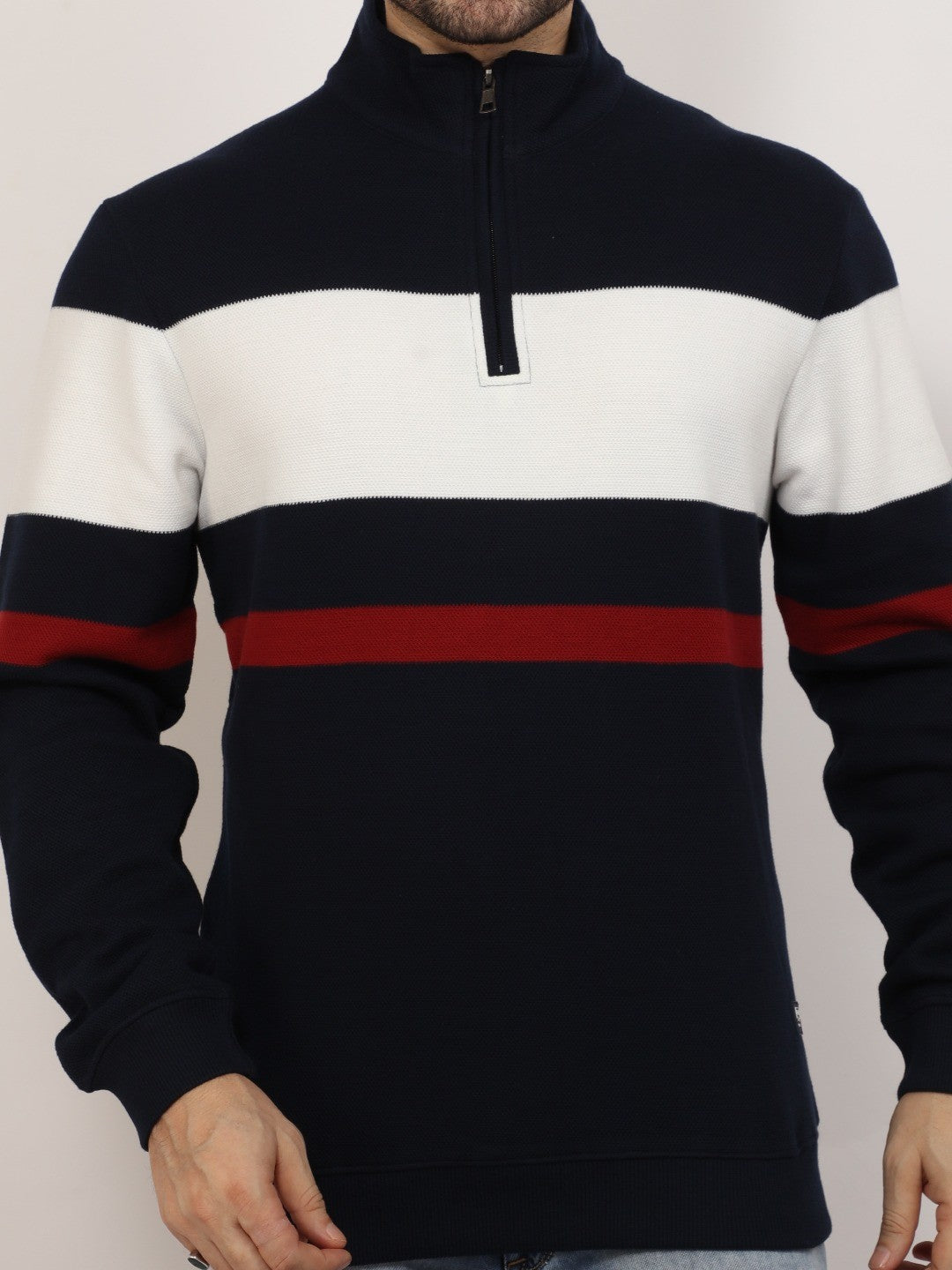 Navy High Neck Striped Sweatshirt