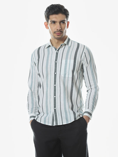 Teal Blue Striped Slim Fit Shirt