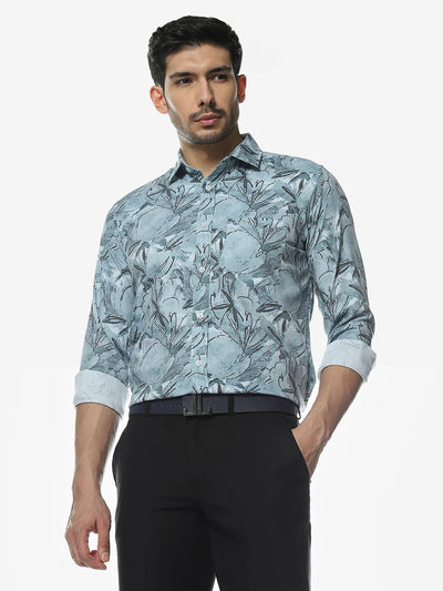Teal Blue Printed Slim Fit Shirt