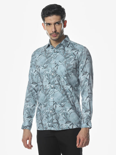 Teal Blue Printed Slim Fit Shirt
