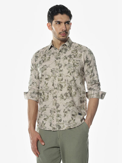 Beige Printed Slim Fit Shirt