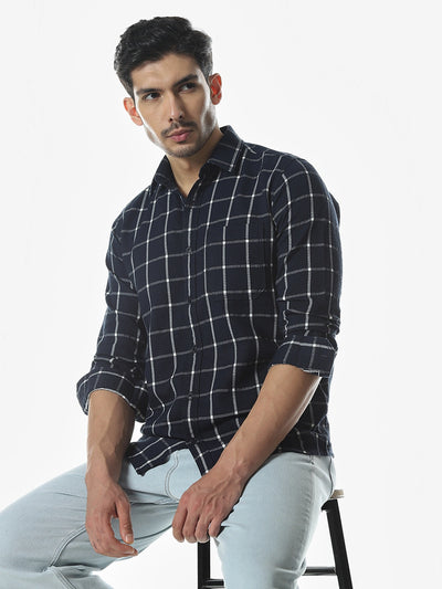 Navy Checked Slim Fit Shirt