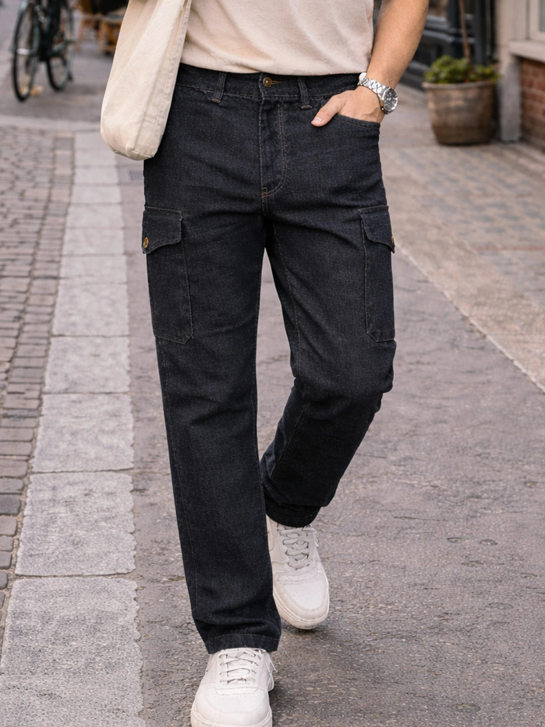 Stretchable Stone Grey Denim Cargo