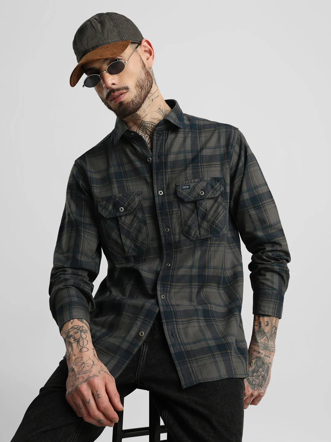 Dark Grey Slim Checks Shirt