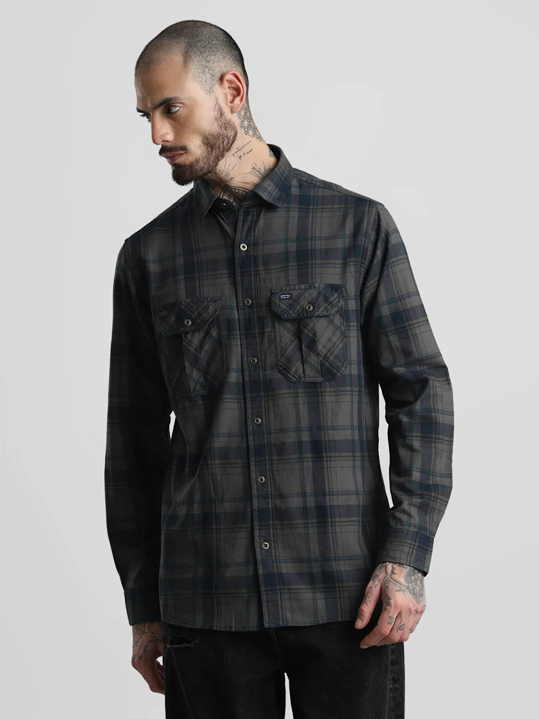 Dark Grey Slim Checks Shirt