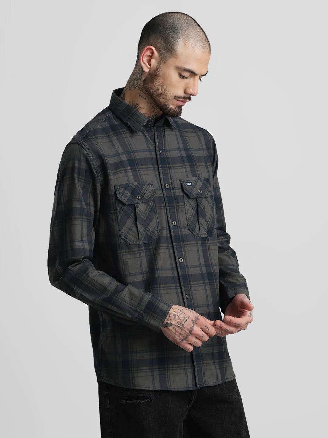 Dark Grey Slim Checks Shirt