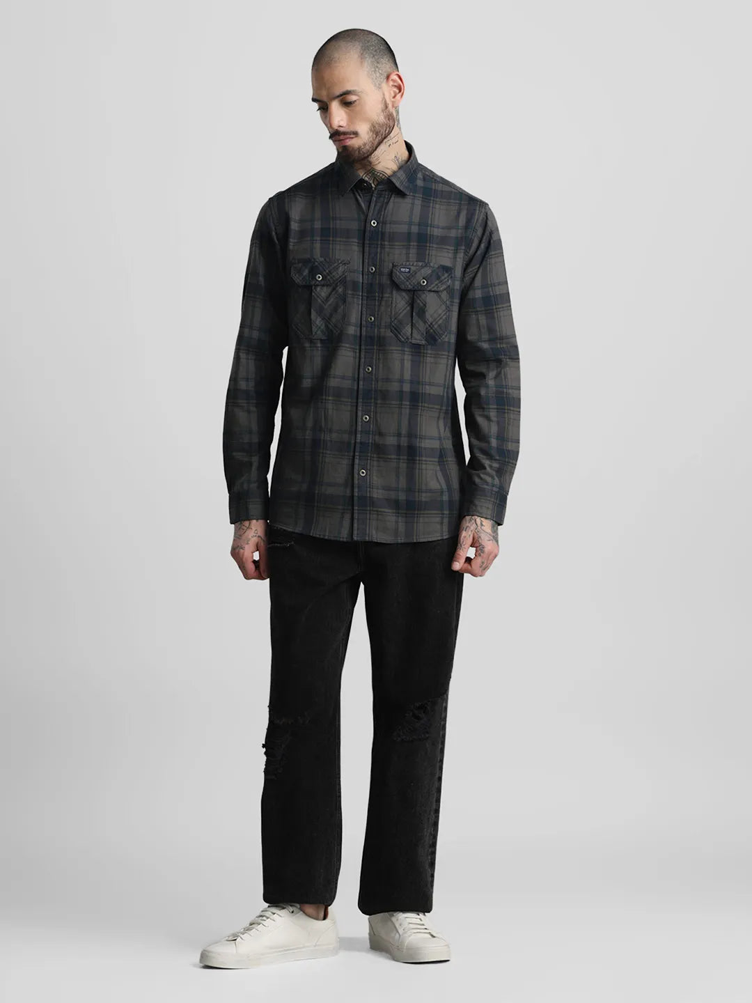 Dark Grey Slim Checks Shirt