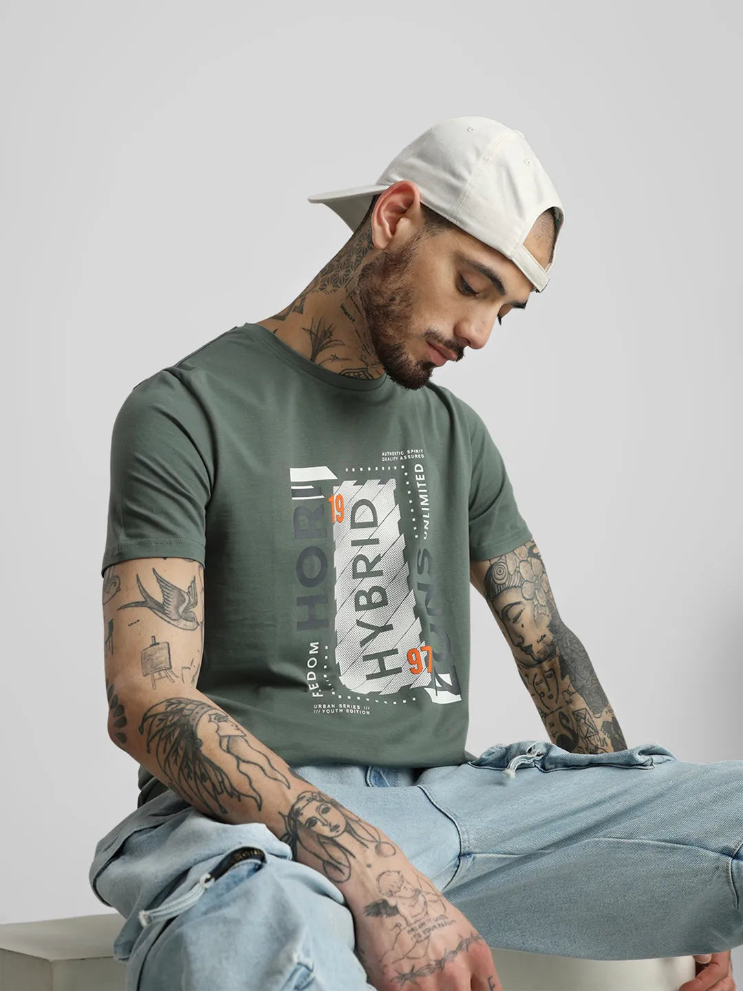 Dusty Green Printed Round Neck T-Shirt