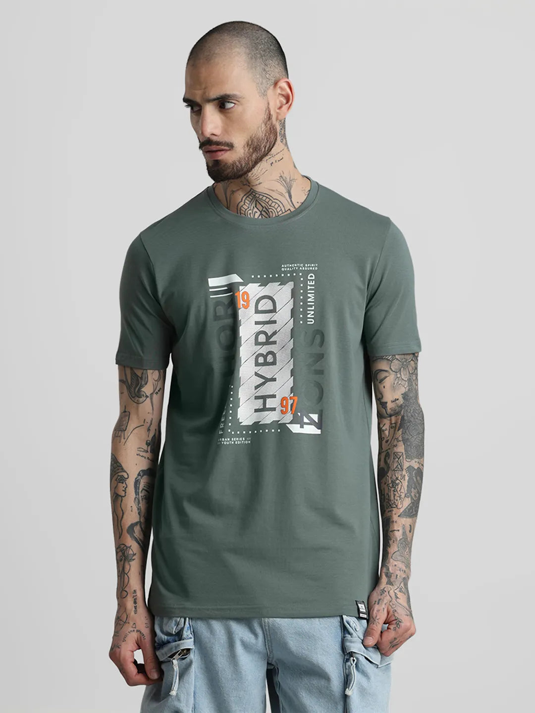 Dusty Green Printed Round Neck T-Shirt
