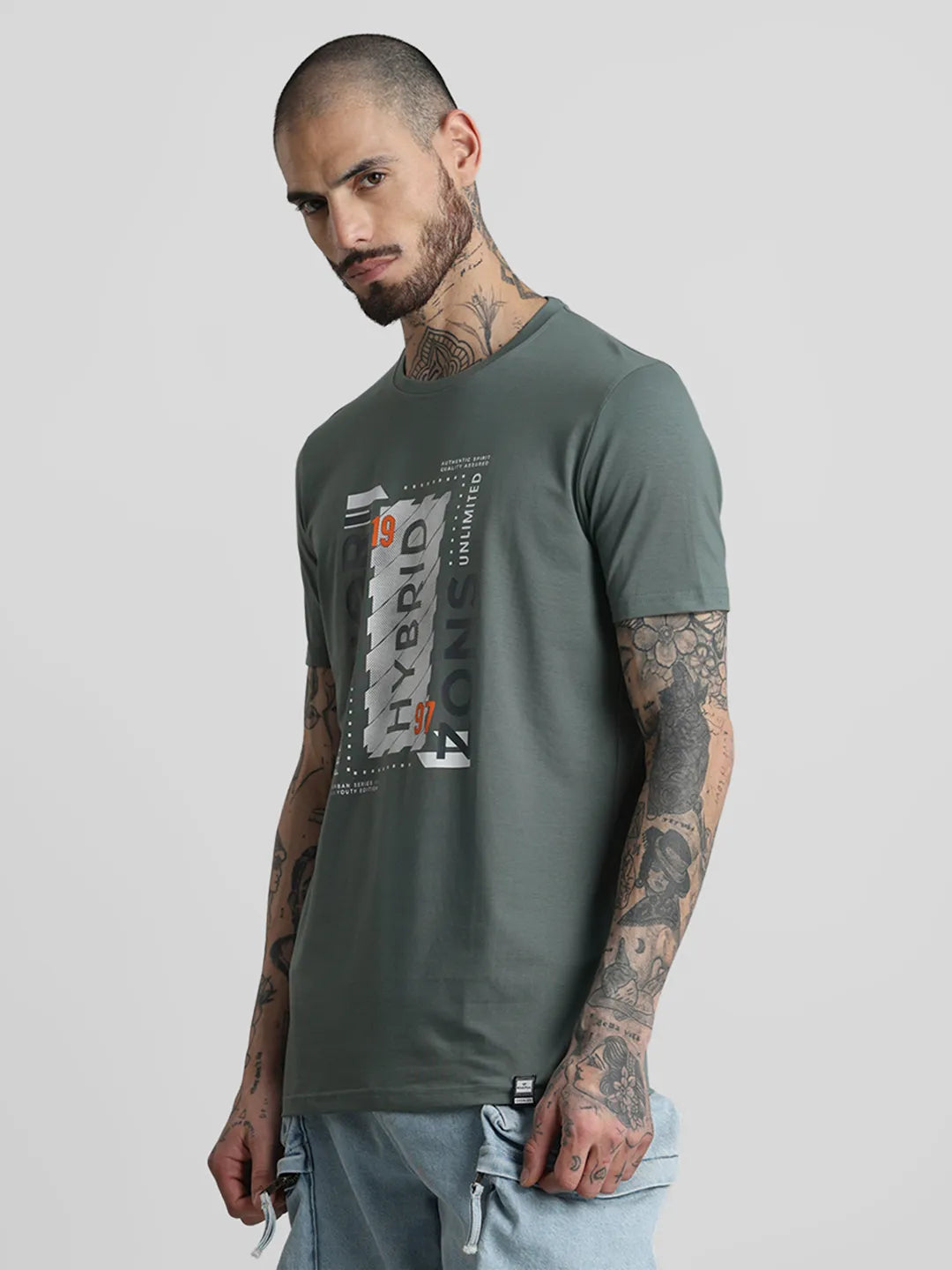 Dusty Green Printed Round Neck T-Shirt