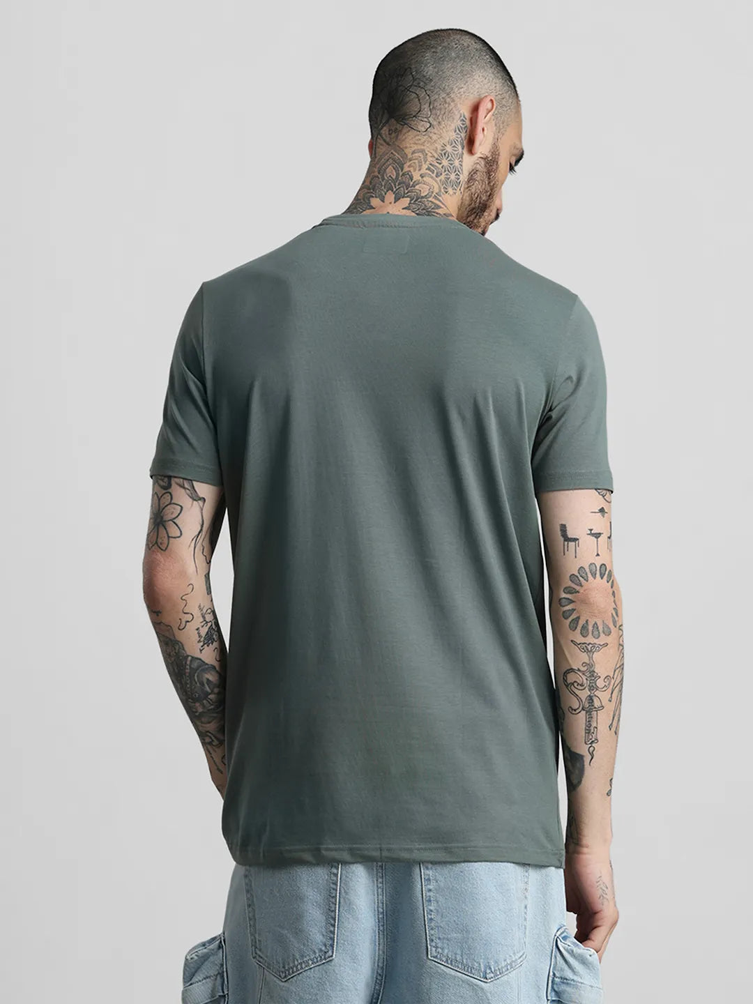 Dusty Green Printed Round Neck T-Shirt