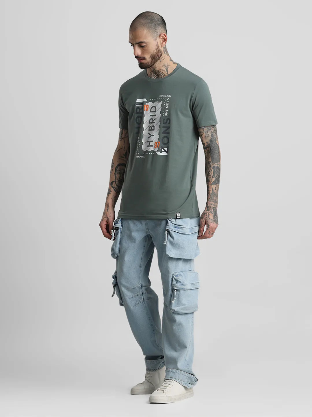 Dusty Green Printed Round Neck T-Shirt